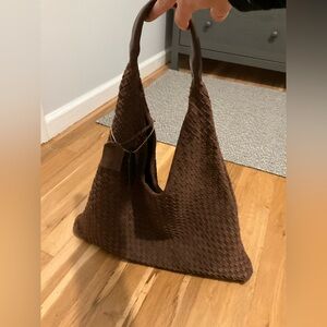 Brown Suede Woven Tote Bag